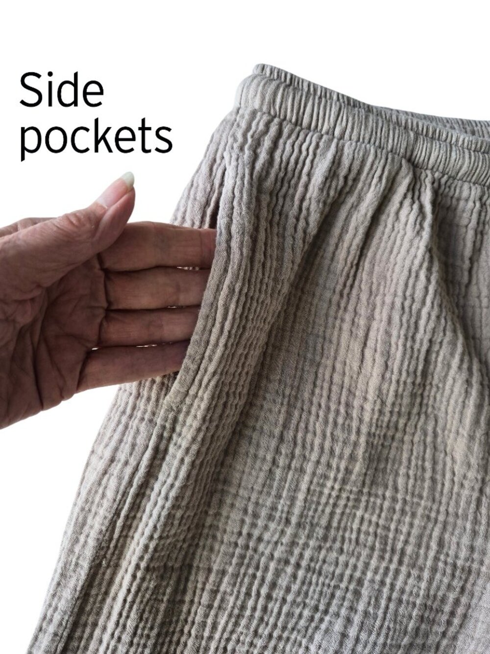 Cotton Gauze Beige Drawstring Waffle Texture Lightweight Wide Leg Ankle Length M - Picture 6 of 13